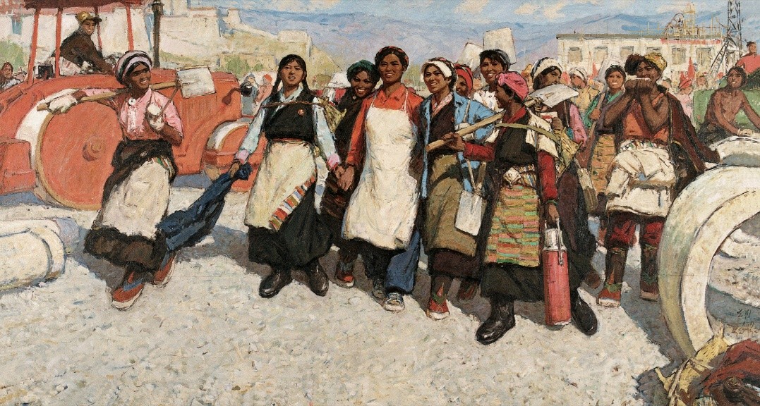 <h2>我们走在大路上</h2><p>作者：潘世勋</p><p>创作年代：1964年</p><p>规格：120cm×225cm</p><p>品类：油画</p>